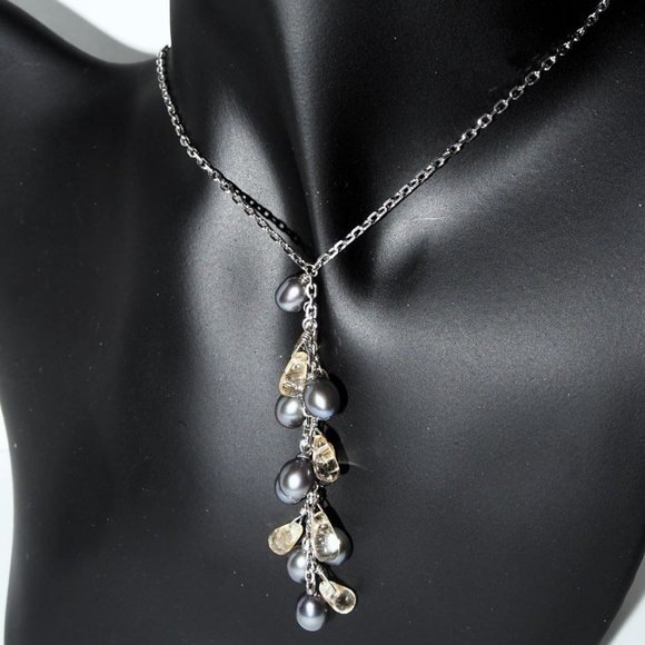 Genuine Black Fresh-Water Pearl's & Yellow Crystal's 16 Necklace .925 Silver - Picture 2 of 4